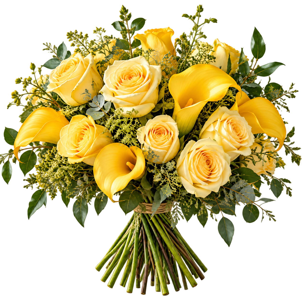 Bouquet détouré de roses jaunes et d’arums dorés.