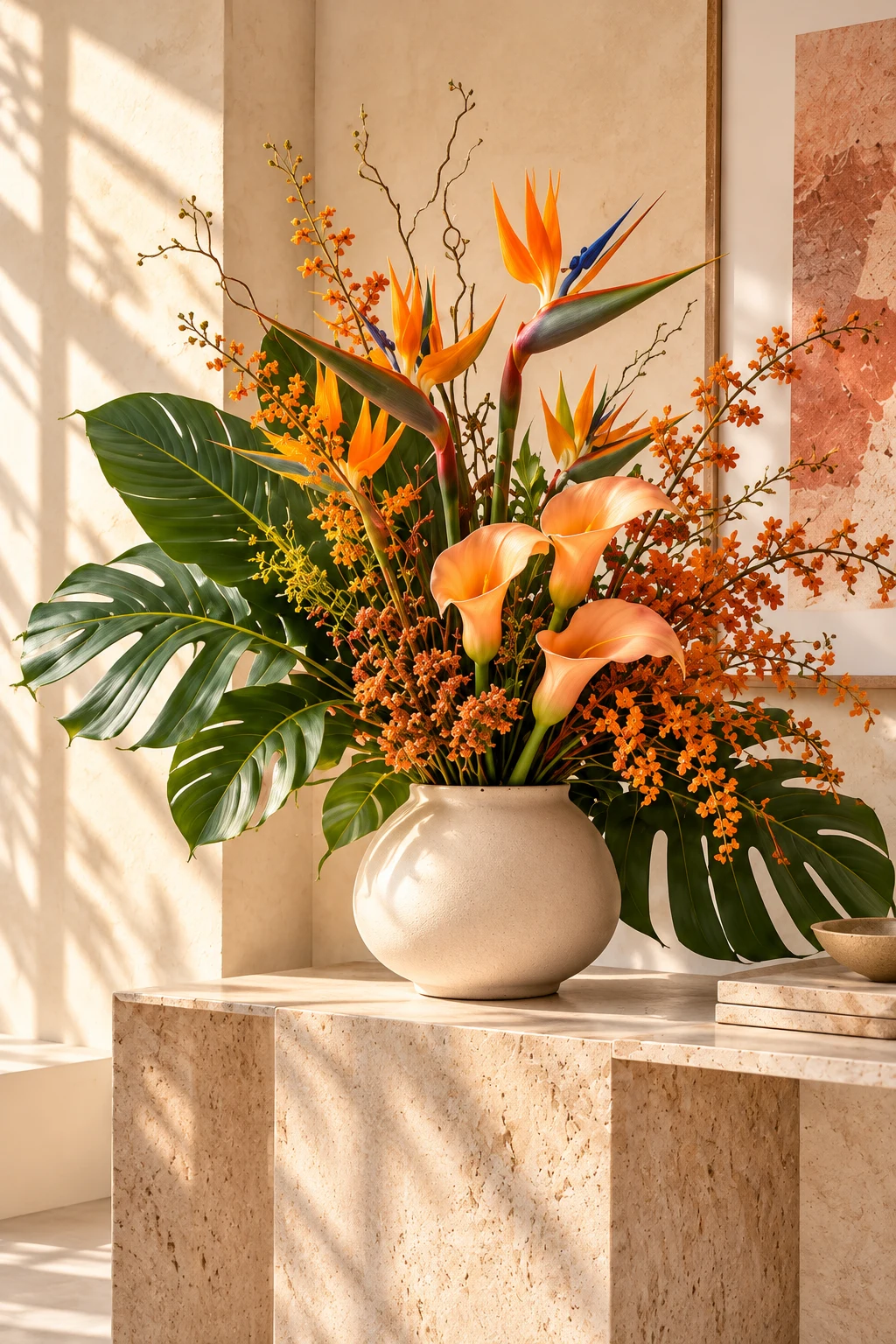 Strelitzias orangés, arums et grandes feuilles dans un vase en céramique, sur une console contemporaine.