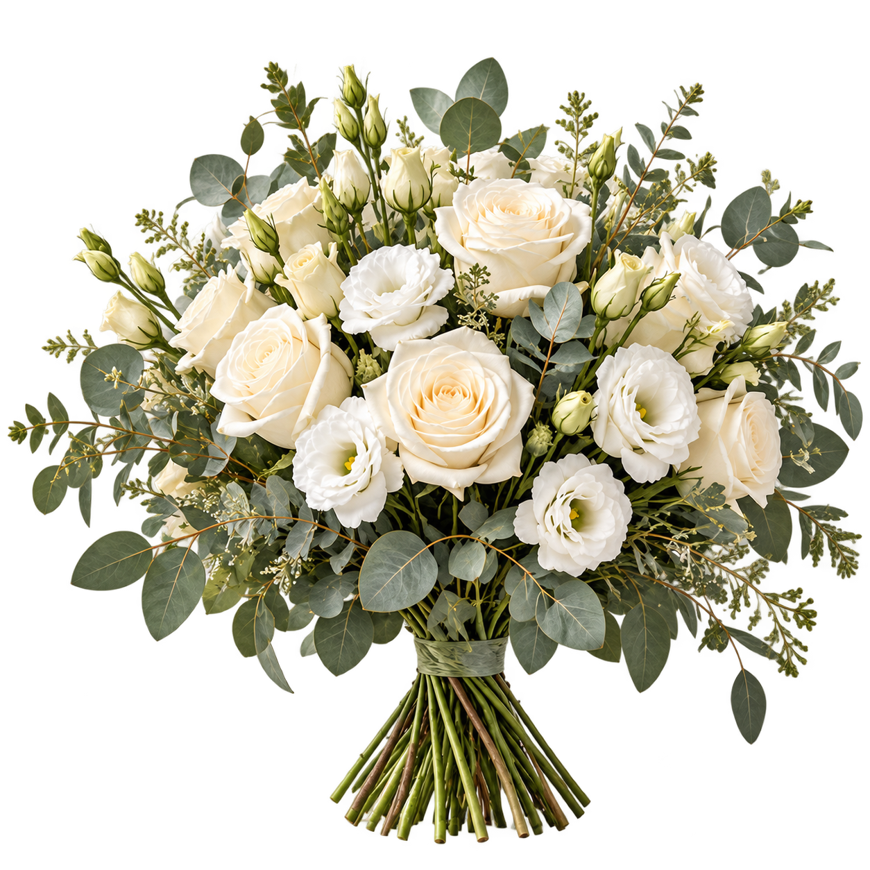 Bouquet détouré de roses ivoire, lisianthus blancs et eucalyptus.
