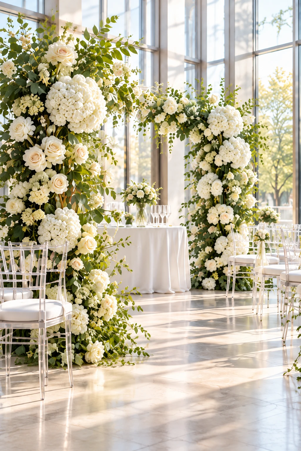 Installation événementielle de fleurs blanches et de feuillage dans une salle vitrée lumineuse.