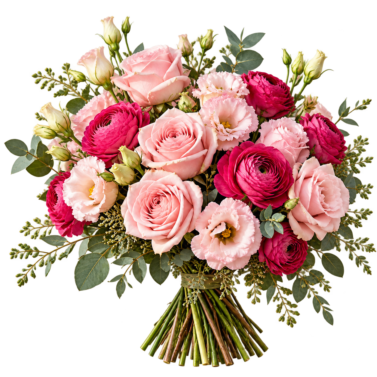 Bouquet détouré de roses poudrées et renoncules framboise.