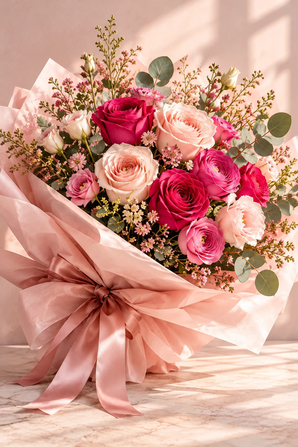 Bouquet cadeau de roses poudrées et framboise dans un emballage rose.